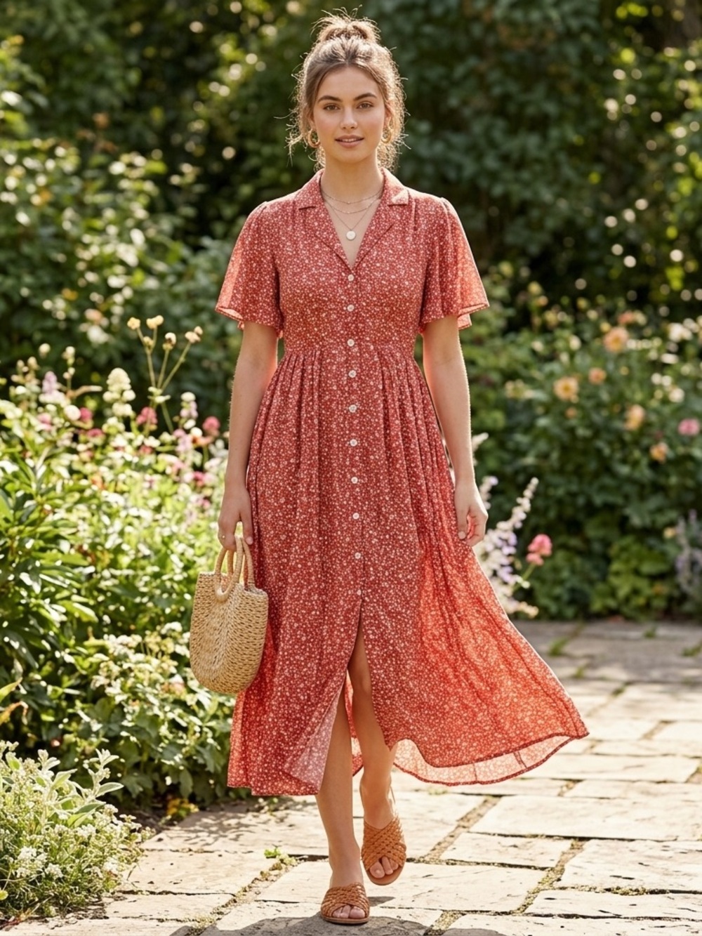 In Loom Red Floral Button Front Flutter Sleeve Maxi Dress Maternity Women’s L